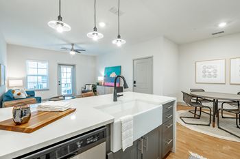Kitchen with farmhouse sink, goose neck faucet, pendant lighting and designer plank flooring